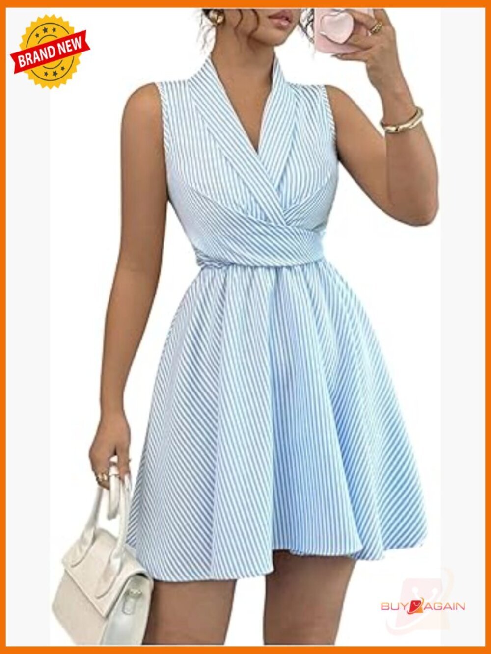 Striped Wrap Mini Dress with Tie Back and Lapel Collar Sleeveless Fit and Flare